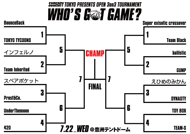 7月22日（水）WHO'S GOT GAME? #4 トーナメント発表!!!