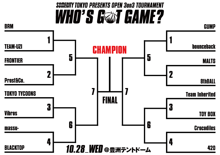 10月28日（水）WHO'S GOT GAME? #1 出場チーム&トーナメント発表