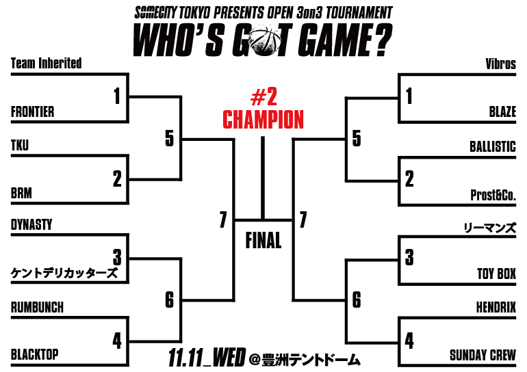 11月11日（水）WHO'S GOT GAME? #2 出場チーム&トーナメント発表