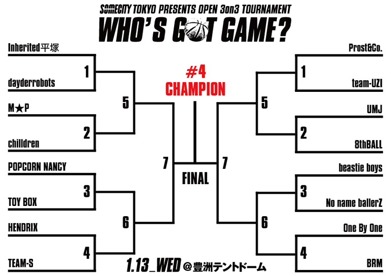 1月13日（水）WHO'S GOT GAME? #4 出場チーム&トーナメント発表!!