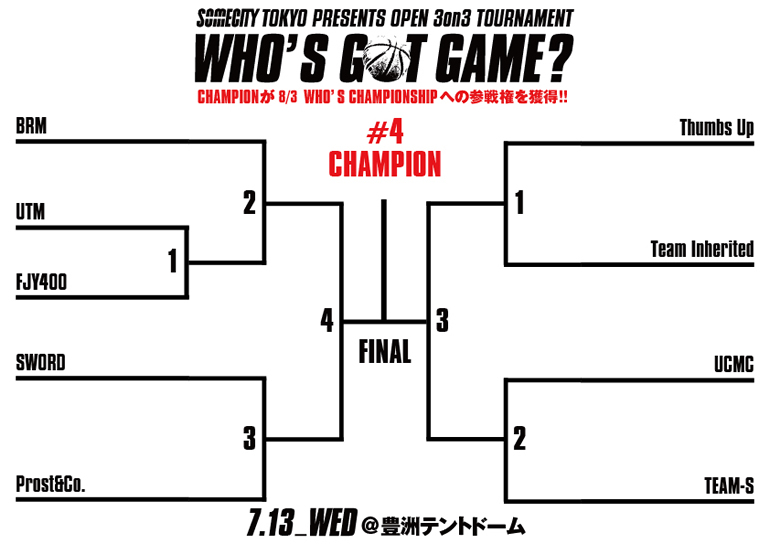 7月13日（水）WHO'S GOT GAME? #4 出場チーム&トーナメント発表!!
