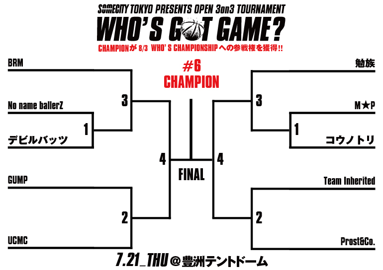 7月21日（木）WHO'S GOT GAME? #6 出場チーム&トーナメント発表!!