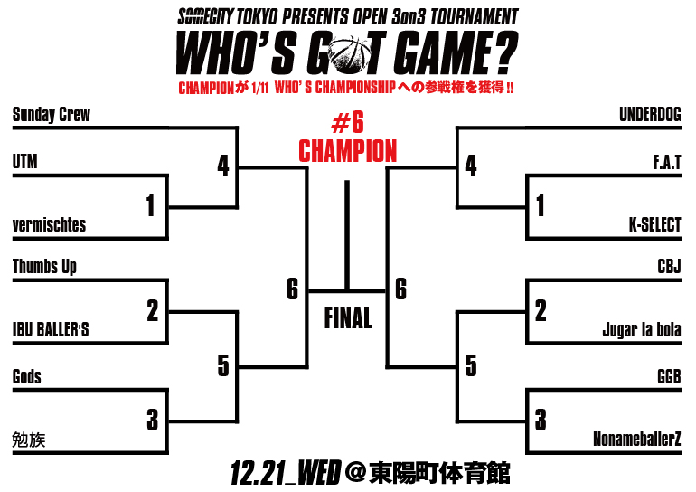 12月21日（水）WHO'S GOT GAME? #6 出場チーム&トーナメント発表!!